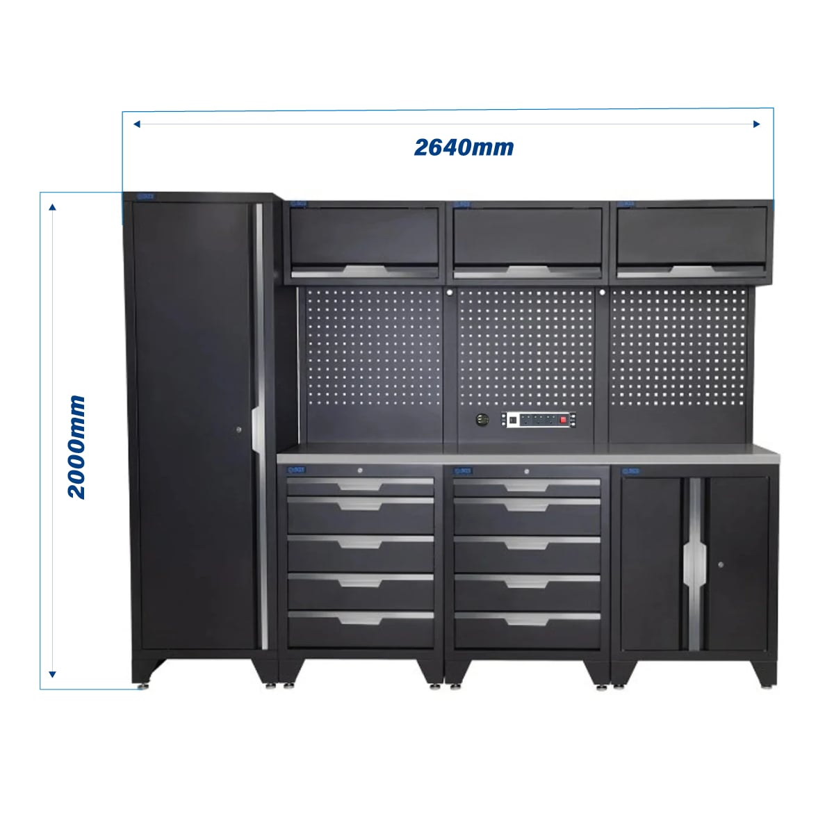 SGS 10pc Modular Garage Storage | 10 Drawers | Stainless Steel Worktop | Floor Cabinet | Tall Single Cabinet | 3x Upper Cabinets | Pegboard with Power Strip